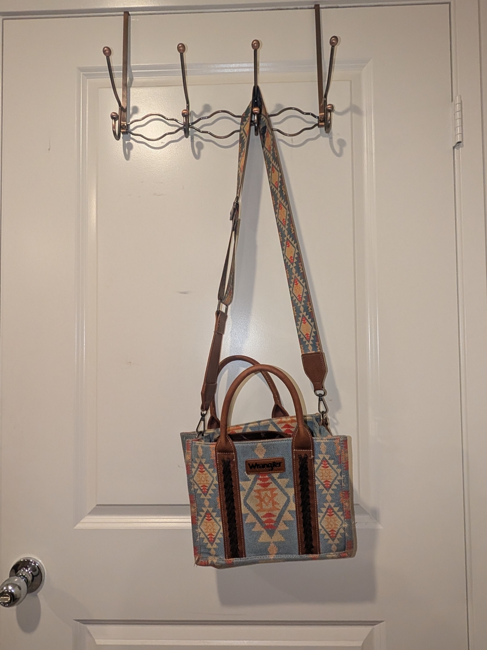 Wrangler Aztec Crossbody Tote Blue Brown with Colorful Accents Guitar Strap